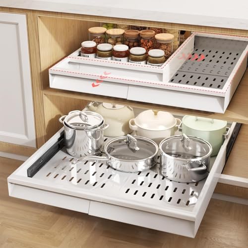 Seinloes Pull Out Cabinet Organizer, 4-Side Expandable to Fit Most Cabinets, 3 Rail Slide Out Drawers with Raising Pad for Framed & Frameless Cabinets, 13"-21" W x 17"-24" D, White, 2 Pack - color: White, size: 13"-21"W x 17"-24"D(2Pack)