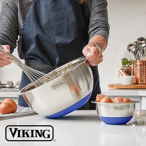Viking Mixing Bowls Set, 10 Piece Stainless Steel Kitchen Cookware, Non-Slip Silicone Base, Includes Tight Fit Lids, Dishwasher Safe, Blue - color: Blue