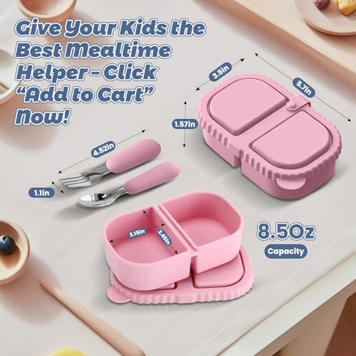 Silicone Snack Containers for Kids (8.5Oz, 2-Compartment)+ Kids Silicone Cutlery Set (Spoon and Fork) - BPA Free, Leak Proof, Great for Toddler/Kid/Adult Meal Prep Containers (pink) - color: pink