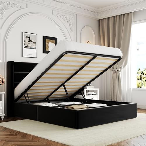 Allewie Queen Size Velvet Lift Up Storage Bed, Modern Wingback Headboard, Hydraulic Support, No Box Spring Needed, Black - color: Black, size: Queen, style: Modern
