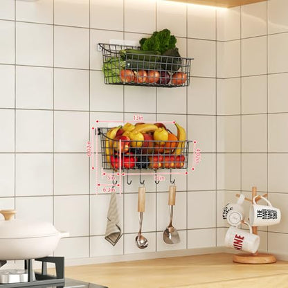 2 Pack Wall Hanging Baskets for Organizing, Large Metal Wire Basket with 5 Hooks+2 Strong Long Adhesive Hooks,Kitchen Hanging Mesh Organizer, Wall Mounted Bin for Kitchen, Bathroom, Bedroom,SUV,Garage - size: 13"L x 6.3"W x 6.02"H-2Pack