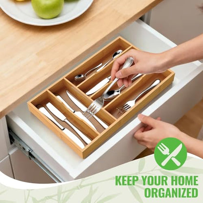 Bamboo Silverware Organizer, Bamboo Kitchen Drawer Cutlery Organizer, Utensil Holder, Flatware Organizer Tray (15.8"x9.5"x1.6") - size: Medium