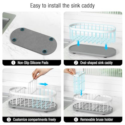 Sponge Holder for Kitchen Sink with High Brush Holder, [Stay-Dry Anywhere & No Drainage Needed] Rustproof Stainless Steel Kitchen Sink Caddy Organizer with Water Absorbing Stone Tray, White - color: White