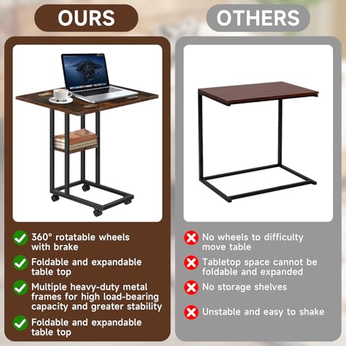 Foldable Small Side Table - C Shaped Couch End Table with Storage Shelf and Wheels, Expandable Wooden Snack Tray Table for Living Room Bedroom Sofa Bedside Chair Small Spaces Rustic Brown