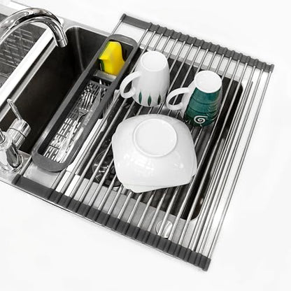 Roll Up Dish Drying Rack Over The Sink, 304 Stainless Stee Dish Drainer, Foldable & Adjustable Sink Drying Rack for Kitchen Sink Counter with Utensil Holder (Gray, Roll Up,Medium,Expandable) - size: Medium