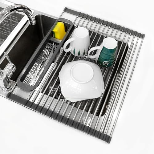 Roll Up Dish Drying Rack Over The Sink, 304 Stainless Stee Dish Drainer, Foldable & Adjustable Sink Drying Rack for Kitchen Sink Counter with Utensil Holder (Gray, Roll Up,Medium,Expandable) - size: Medium