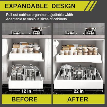 1-Pack Expandable Pull Out Cabinet Organizer 21" Deep with 3 Slide Rails, Adjustable Width (12"-22") Drawer Organizer for Kitchen Pantry Base Cabinets, Fixed with Roll Out Shelves Adhesive, White - size: 1 Pack