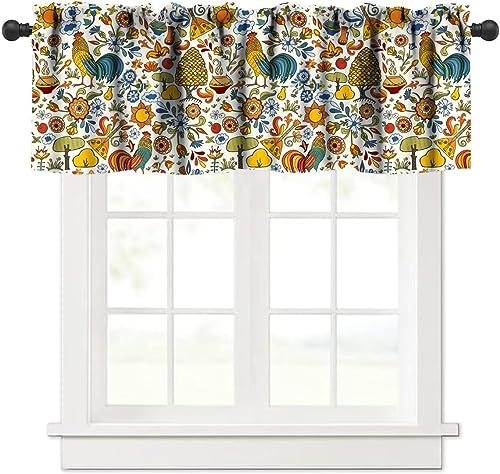 Chicken Window Valance, Farm Rooster Chicken Sunflower Pastoral Style Orange Flowers Plants Print Rod Pocket Short Window Treatments for Home Kitchen Living Room Bathroom, 54x18in - color: Farmhouse Animal-16