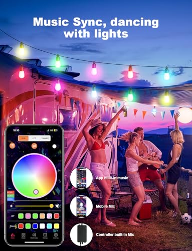Outdoor String Lights APP Control with Remote, 118(98+12) ft RGB+IC+Warm White Outdoor Light 36 LED Bulbs, NOT Extendable, Music Sync for Garden Party Decor Christmas - size: 118FT S14 RGB Smart IC