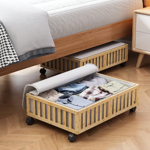 Bamboo Under Bed Storage Containers with Wheels, 2 Pack Under the Bed Shoe Storage Bins, Wood Rolling Underbed Drawers with Bag Organizer for Bedroom, Sheets Clothes Blanket Comforter, Under Crib Toy - color: Nature, size: 2 PCS (23.62"×16.54")