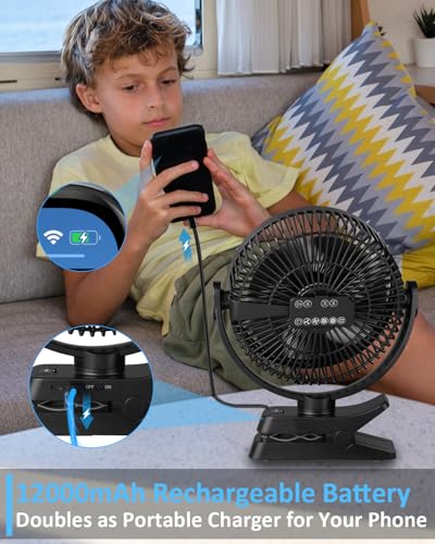 Clip On Fan 8 Inch, 12000mah Rechargeable Battery Powered Portable Fans With Remote Control, Lights, 5 Speeds, Timer, Strong Clamp USB Clip Fan for Bed, Stroller, Desk, Golf Cart, Tent, Treadmill - size: 8 Inch