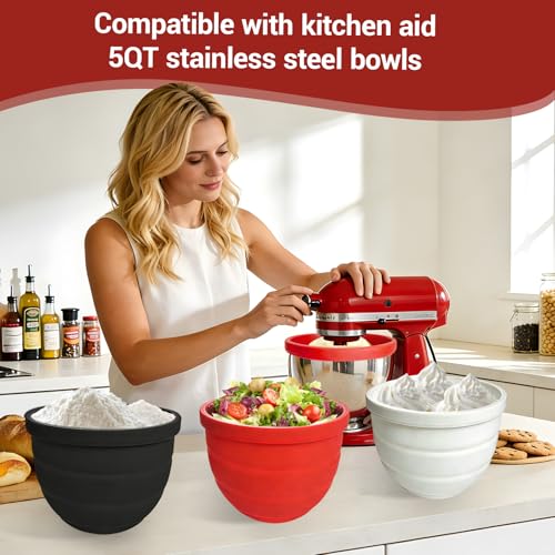 Silicone Bowl Insert Liners for KitchenAid Tilt-Head 5 Qt Stand Mixers - Replacement Mixer Accessories - Leak-Proof Design, Non-slip Base & Easy Clean - Set of 3 Liners & Lids ﻿