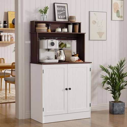 MHOM Farmhouse Bar Cabinet with Storage, Coffee Station Cabinet with 5 Hooks, Small Coffee Bar for Kitchen & Living Room, Antique White - color: White