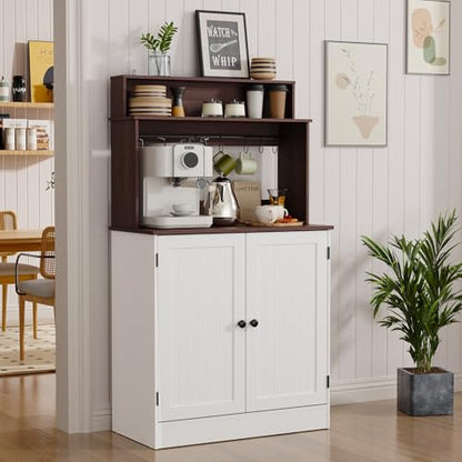 MHOM Farmhouse Bar Cabinet with Storage, Coffee Station Cabinet with 5 Hooks, Small Coffee Bar for Kitchen & Living Room, Antique White - color: White