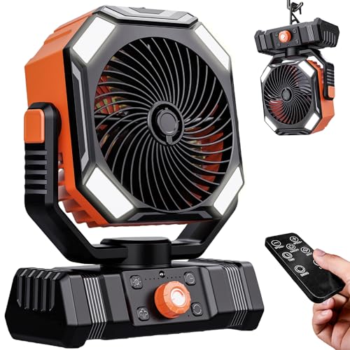 Portable Camping Fan with LED Lantern, 10000mAh Rechargeable Battery Operated Outdoor Fan with Remote, Auto Oscillating Portable Misting Fan with Hanging Hook for Tent, ABS, Orange & Black - color: F22