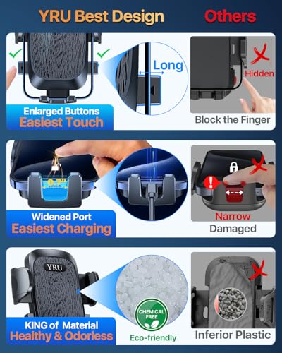 YRU True Upgrade for Safety Car Phone Holder Mount Patent & Military-Grade Dashboard Cell Phone Holder for Car Vent Windshield Phone Stand for iPhone 17 16 15 14 13 Pro Max Truck Samsung, Matte Black - color: Matte Black
