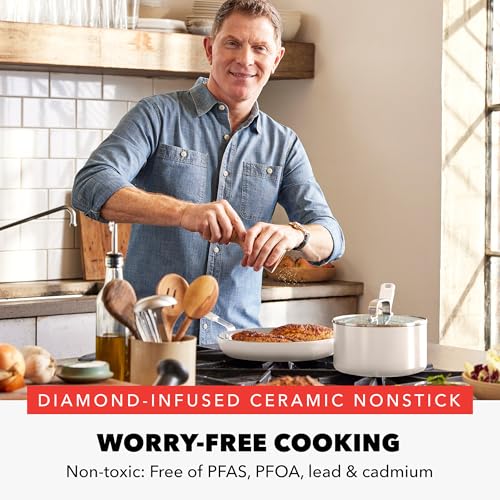 GreenPan x Bobby Flay 13 Piece Nonstick Cookware Pots and Pans Set, PFAS-Free Diamond Ceramic, Induction Suitable, Easy Clean Dishwasher & Oven Safe, Stay-Cool Silicone Handles, Glass Lids, Cream - color: Cream