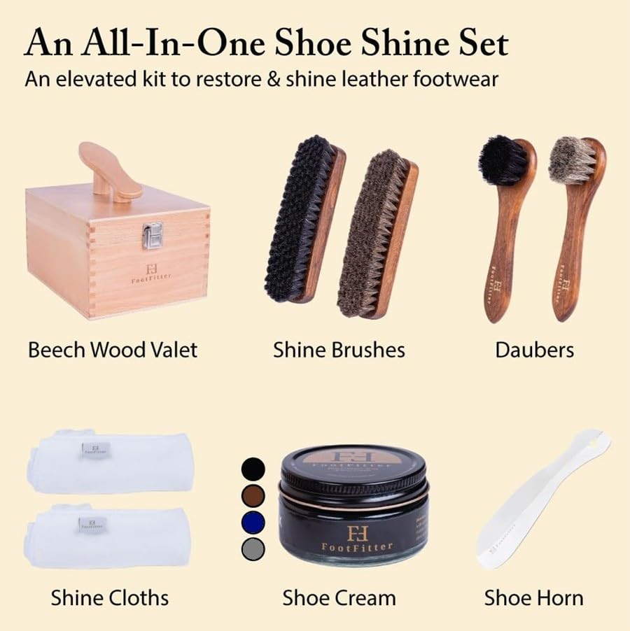 FootFitter Beech Wood Valet Box, Premium Shoe Shine Organizer with Classic Storage for Polish, Brushes, Cloths & Tools - color: Dark Creams Set