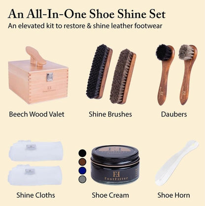 FootFitter Beech Wood Valet Box, Premium Shoe Shine Organizer with Classic Storage for Polish, Brushes, Cloths & Tools - color: Dark Creams Set