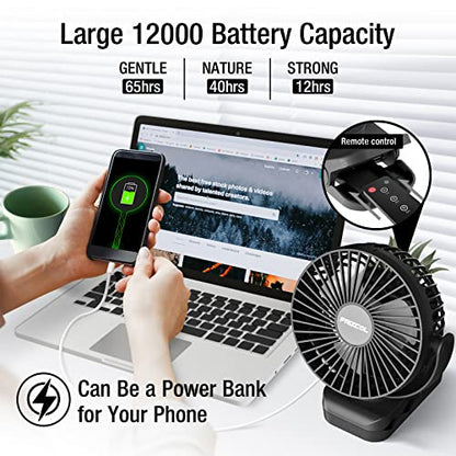 Clip on Fan 65 Hours Portable Desk Fan Rechargeable with LED Lights & Hooks 12000 Capacity Battery Operated Fan with Clips Small Desk Fan Mini Fans for Tents Travel Outdoor Camping Golf Cart, Black - color: Black