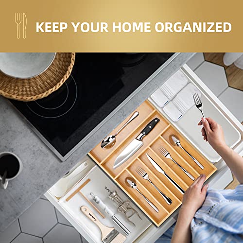 Upassion Bamboo Kitchen Drawer Organizer, 13 Inch Silverware Organizer with Extra-deep Grooved Divider, 7 Slots Pure Bamboo Wood Caddy for Flatware Cutlery Knives, Forks, Spoons - size: 13 x 17 inch (7 Slots)