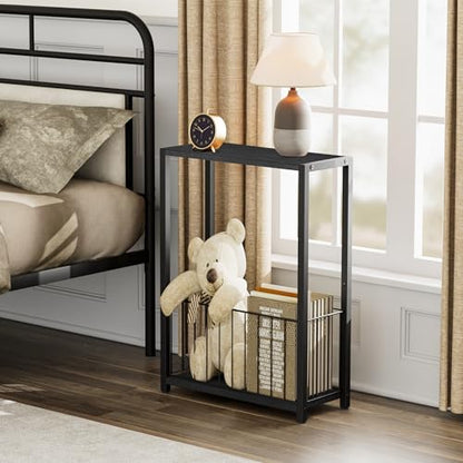 Homleke Narrow Side Tables Set of 2 with Magazine Holder, Skinny End Tables Perfect for Small Spaces, Space-Saving Design for Living Room, Bedroom, or Office, 7.1" D x 16.9" W x 23.6" H, Black - color: Black - Standard