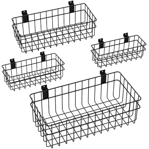 4 Pack Large Size Slatwall Baskets Set, Ventilated Metal Hanging Storage Slat Wall Basket, Mounted Slatwall Accessories for Garage Storage Organizing Display on Slatwall Panels bins (Black) - color: Black