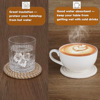 8 Pcs Drink Coasters with Holder, Boho Minimalist Cotton Woven Coasters Set for Drinks Absorbent Coffee Table Home Decor Bar Tabletop Protection, Suitable for Kinds of Cups 4.3 Inch