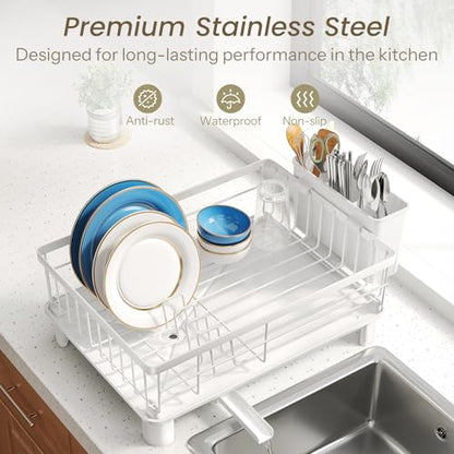 SNTD Dish Drying Rack - Small Dish Rack for Kitchen Counter, Stainless Steel Dish Drainer with Utensil Holder and Drainboard, 11" W x 15" L (White) - color: White, size: 11" W x 15" L