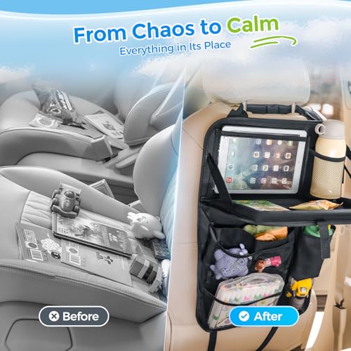 Tsumbay Backseat Car Organizer with Foldable Tray, 9 Pockets, Kick Mat Seat Protector, 18KG Capacity, Waterproof Oxford Fabric for Kids, Family Travel - for Car, SUV, Van (Oxford-2Pck)