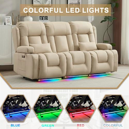 URRED Power Loveseat Recliner Sofa with Massage and Heat, Wall Hugger Reclining Loveseat with Console, RV Couch Home Theater Seating with LED Lights for Living Room (Beige, 76.8" - 3 Seats) - color: Beige, size: 76.8" - 3 Seats