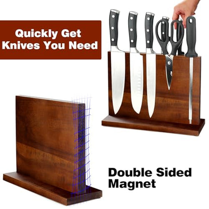 Magnetic Knife Block Double Sided Magnetic Knife Holder Rack with Strong Enhanced Magnets Acacia Wood Magnetic Knife Storage Stand-Dark Brown - color: Acacia Wood-Dark Brown