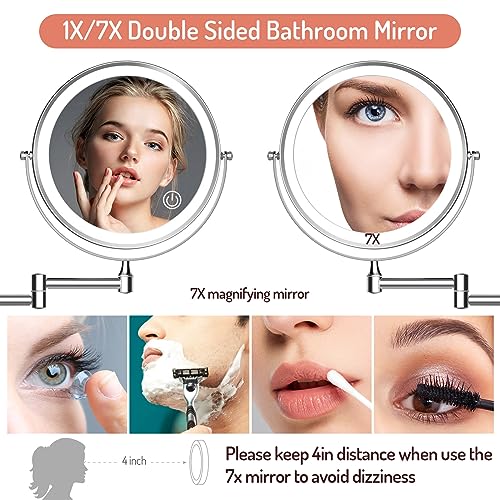 Rocollos Rechargeable Wall Mounted Lighted Makeup Mirror, 8 Inch Double-Sided LED Vanity Mirror 1X/7X Magnification,3 Color Lights Touch Screen Dimmable 360°Swivel 13 Inch Extendable - color: 8 Inch 7x Chrome