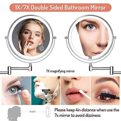 Rocollos Rechargeable Wall Mounted Lighted Makeup Mirror, 8 Inch Double-Sided LED Vanity Mirror 1X/7X Magnification,3 Color Lights Touch Screen Dimmable 360°Swivel 13 Inch Extendable - color: 8 Inch 7x Chrome