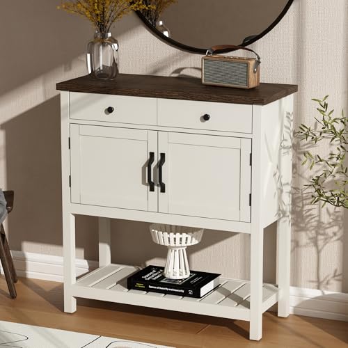 ChooChoo Farmhouse Console Table, Entryway Table with Storage Shelf, Coffee Bar Cabinet, Narrow Buffet Sideboard for Kitchen, Hallway, Living Room, White - color: White