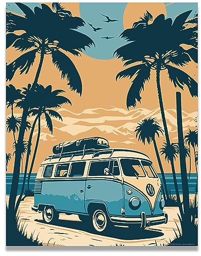 Inspirational Wall Art Co. - Palm Trees | Retro Volkswagen Van Beach Poster - Vintage Surf Prints - Pictures for Beach House | 11x14 Inches Unframed - color: Paradise