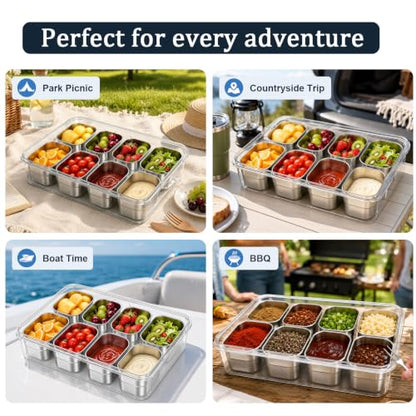 Snackle Box Container, 304 Stainless Steel Snack Box, Snacklebox for Fruit, Snackle Box with Individual Lids and 2 forks, 8 Compartment Stainless Steel Snack Containers for Party, Beach, Travel - color: Silver Gray