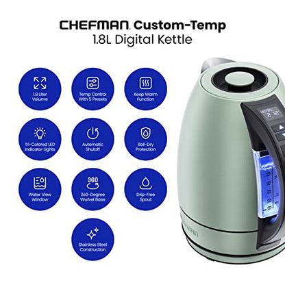 Chefman Electric Tea Kettle, 1.8 Liter Hot Water Electric Kettle Temperature Control Water Boiler with 5 Presets, Tri-Colored LED Lights, Keep Warm, Automatic Shutoff, Green - color: Green, style: Stainless Steel