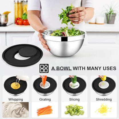 E-far Mixing Bowls with Lids Set, 7-Piece Stainless Steel Metal Mixing Bowls with 3 Grater Attachments, Size 4.6, 3.5, 2.6, 2, 1.5, 1, 0.7QT, Nesting Design & Black Airtight Lids, For Baking/Cooking - color: Black, size: 7 Regular Sizes