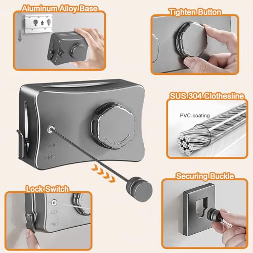 Retractable Clothesline Indoor Outdoor Clothes Line Kit, Heavy Duty Clothes Drying Laundry Line 16.7ft Wall Mounted Drying Rack Non-Sagging Air Dry Clothing Travel Clotheslines (White) - color: White