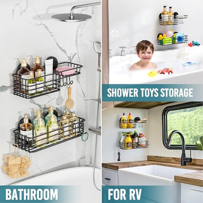 TAILI Shower Caddy Suction Cup 2 Pack with Hooks & Soap holder, Heavy Duty Shower Organizer for Bathroom, No Drilling Bathroom Organizer with Large Capacity, Black Metal Storage Basket - style: 2×Black