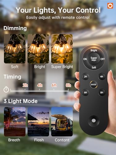 addlon 35FT Solar String Lights Outdoor, IP54 Waterproof Solar Powered with Remote & USB Port, 10+1 LED Shatterproof Bulbs, Dimmable Solar Light Outdoor for Camping Backyard Bistro Porch (Pack of 2) - size: 35FT (Pack of 2)