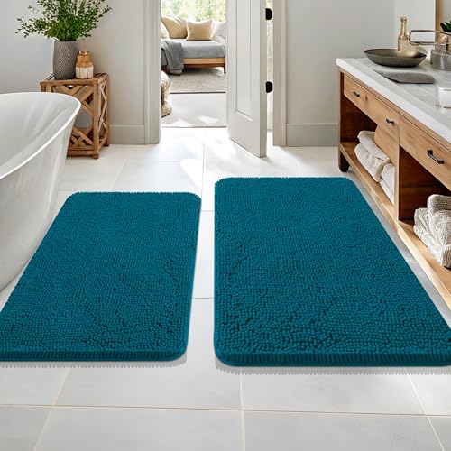 OLANLY Bathroom Rugs Sets 2 Piece, Soft Absorbent Chenille Bath Mats Area Rug Set, Non-Slip, Quick Dry, Machine Washable Bath Mats for Bathroom, Home Decor Accessories (36"x24"+30"x20", Peacock Blue) - color: Peacock Blue, size: 36" X 24" + 30" X 20"