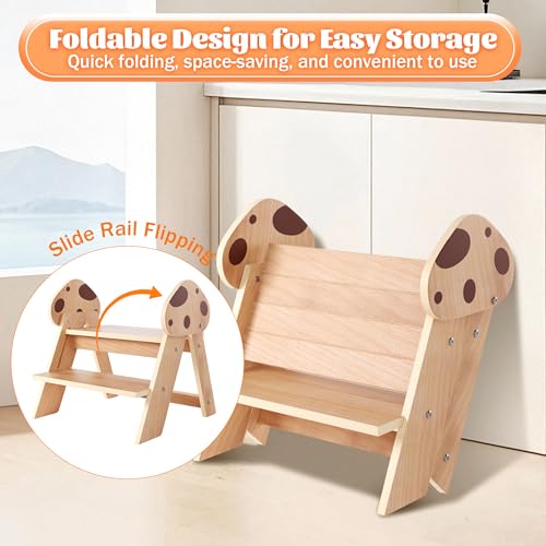 Beech Wooden Toddler Step Stool, 2-Step Foldable Stool for Kids with Non-Slip Surface, Baby Bathroom Stool for Potty Training, Bathroom Sink, Kitchen Counter with Cute Mushroom Design - style: Mushroom