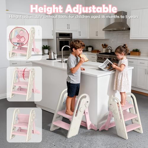 Onasti Foldable Step Stool for Kids & Toddlers, 3 Step Convertible to 2 Step with Handles, Training Stool for Bathroom Sink & Kitchen Counter, Non-Slip Stable Step Stool for Growing Children- Pink - color: Baby Pink