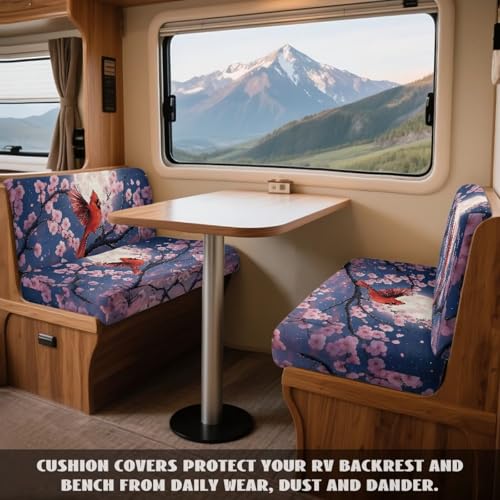 Cardinal Cherry Blossom Pattern 2 Pieces RV Dinette Cushion Covers,Washable Camper Cushion Slipcovers Flannel Sofa Cushions Slipcovers for Travel Trailer Couch for Dogs and Kids - color: Cardinal Cherry Blossom