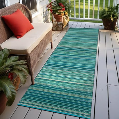 Rugshop Contemporary Stripe Reversible Crease-Free Waterproof Premium Recycled Plastic Outdoor Rugs for Patio,Backyard,RV,Deck,Picnic,Trailer,Beach,Camping Rug 2' 7" X 8' Blue - size: 2'7" x 8' (Rectangular)