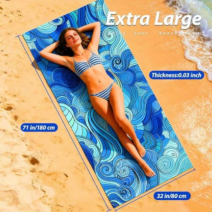 Puomue Microfiber Lightweight Beach Towel, 71 Inch X 32 Inch, Ultra Portable, Sand Free, Quick Dry, Thin and Large Size Towel for Travel, Camping, Swimming (Waves, 71“ X 32”)