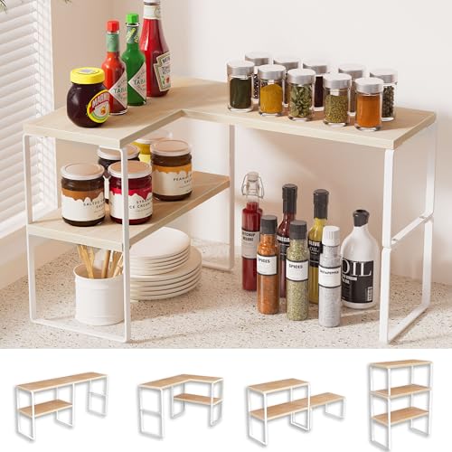 Golener Countertop Organizer Corner Shelf, 2-Tier Adjustable Stackable Corner Shelves for Kitchen, Spice Rack, Coffee Bar, Over Sink, Bathroom, Dresser Table, Corner Counter Shelf Stand, Natural Beige - color: Natural Beige, size: Medium Standard