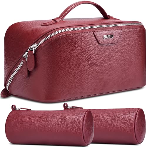 BOYATU Genuine Leather Travel Makeup Bag: Large Capacity 3 Pcs Set Cosmetic Bags for Women - Designer Waterproof Hand-made for Toiletry Organizer - Ladies Travel Essentials for Elegance (06Burgundy) - color: 06Burgundy